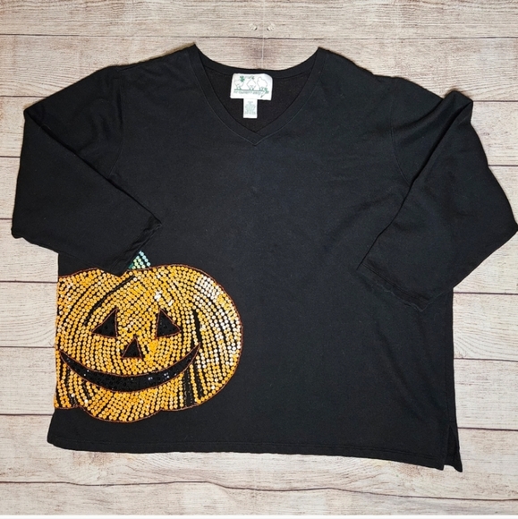Vintage The quaker family Halloween jack-o-lantern sequin pumpkin sweatshirt - Picture 1 of 12
